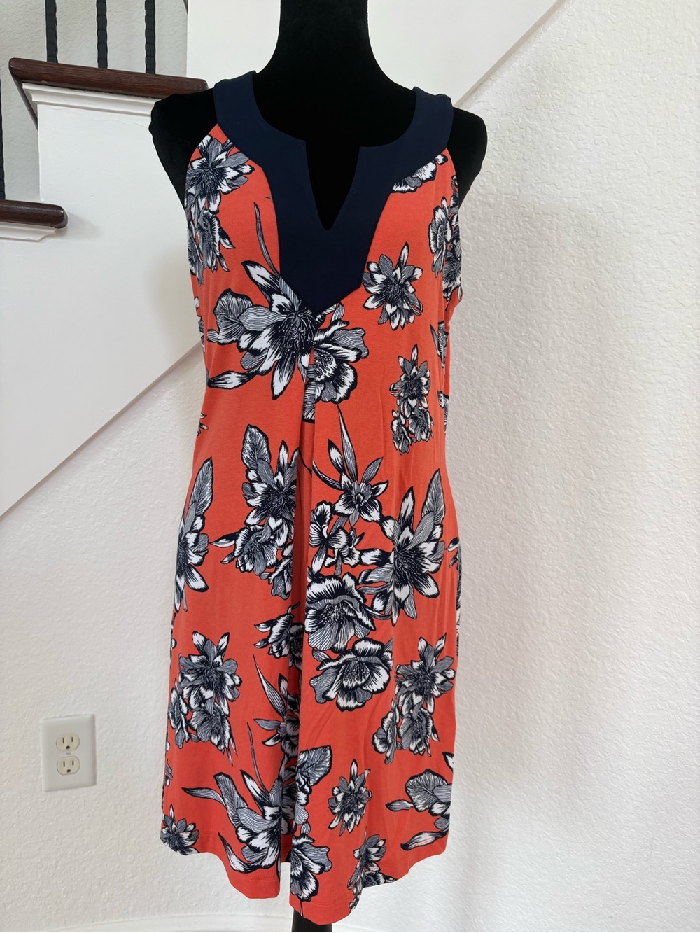 Tommy Bahama Coral Floral Midi Dress with Navy Trim